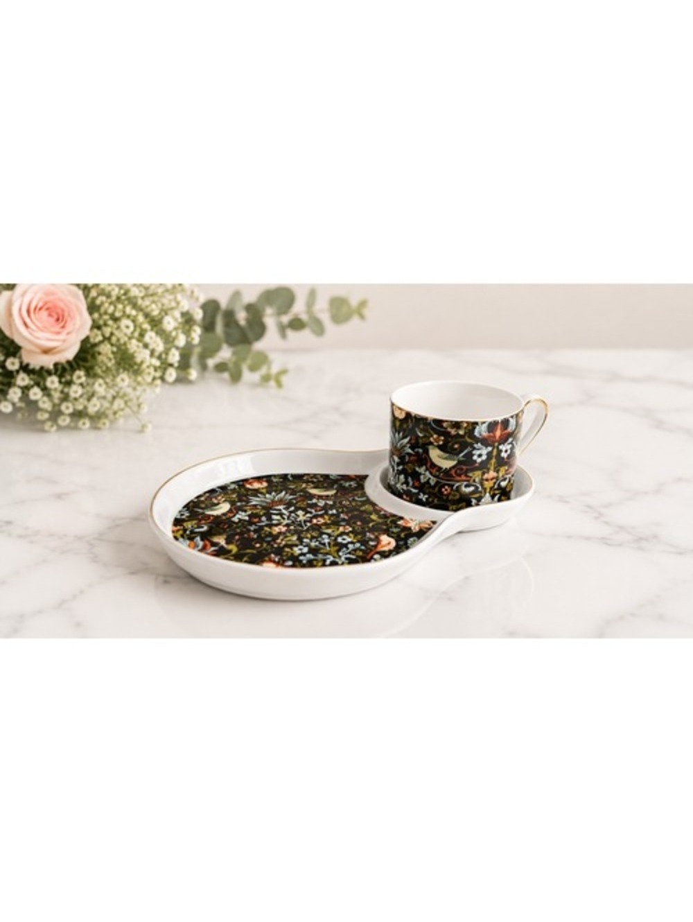 Grace Teaware Midnight Garden Tea Cup Snack Set Black Floral Bird Porcelain